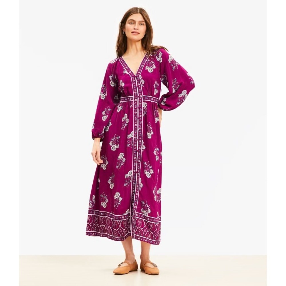 LOFT Womens Purple Floral Boho Midi Dress Long Sleeve Size‎ 2 Cottage Garden